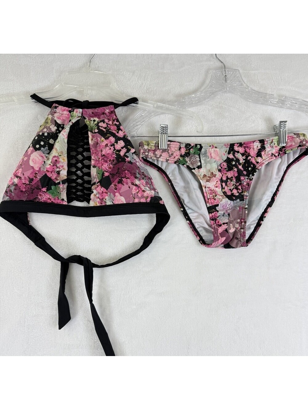 Venus Bikini Set Small Top 6 Bottom Halter Black Pink Floral Swimwear Womens